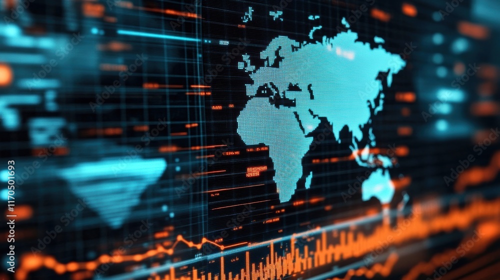 Poster futuristic digital world map with vibrant neon colors and data visualization elements representing g