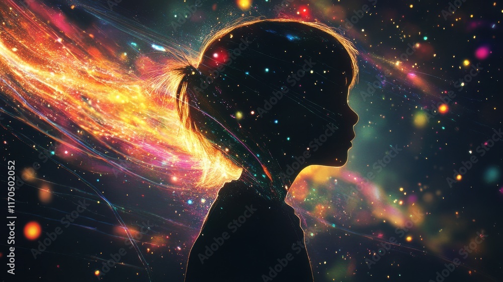 Poster child surrounded by vibrant glowing colors and cosmic patterns in a dreamy atmosphere