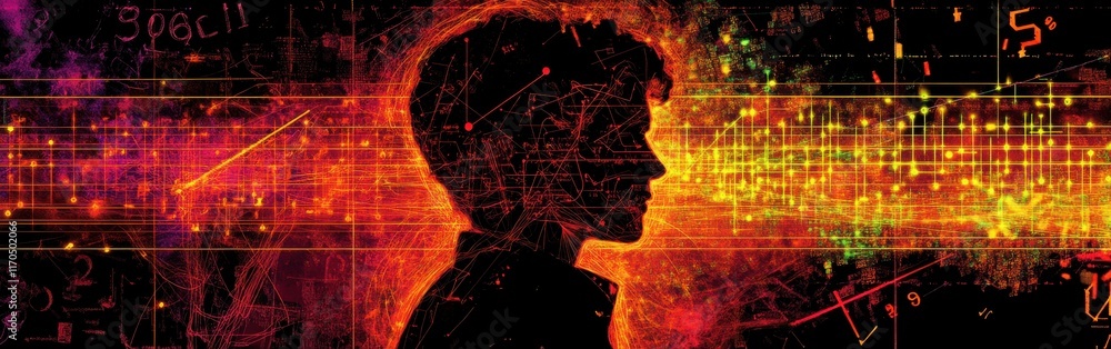 Aufkleber vibrant representation of a mathematician immersed in a world of numbers and equations against a col