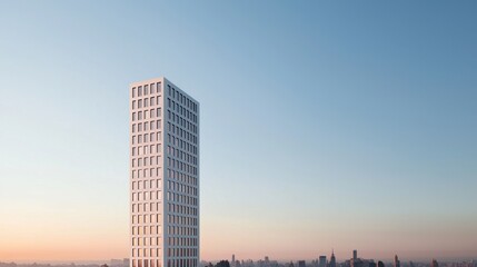Modern Towering Building Above City Skyline with Clear Blue Sky and Evening Glow
