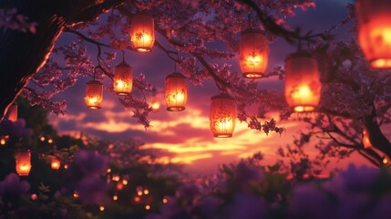 Vibrant tribute ceremonies illuminated by lanterns under a stunning sunset sky