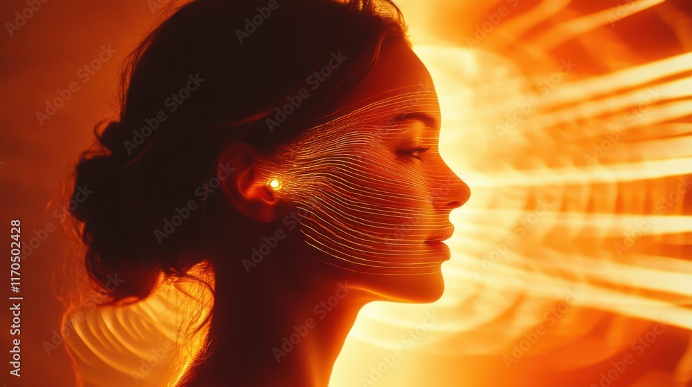 Poster surreal representation of a glowing woman amidst radiant light patterns in an ethereal environment