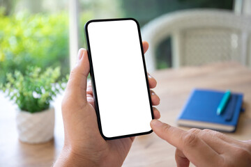 male hands hold phone with isolated screen background cafe