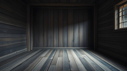 A rustic room with dark wooden walls and a wood plank floor. A beam of light casts a dramatic shadow on the wall, creating a sense of mystery and intrigue