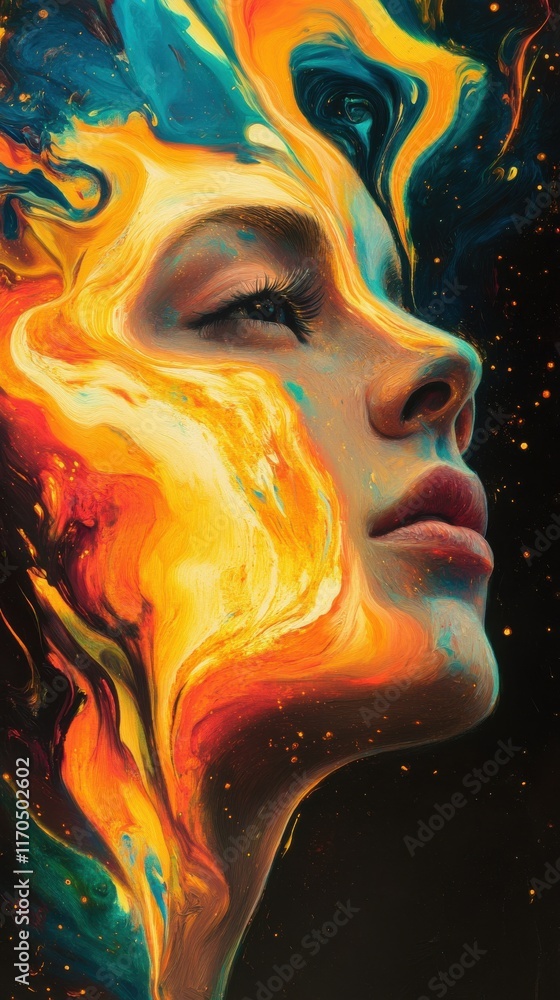 Poster surreal depiction of a model's face intertwined with vibrant colors and abstract shapes capturing th