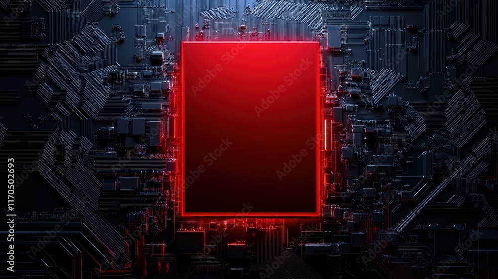 Poster abstract technology background with a red glowing frame on a dark circuit board design, perfect for 