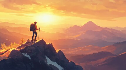 Solo hiker stands atop a mountain summit at sunset, experiencing a moment of triumph and connection with nature © vadosloginov