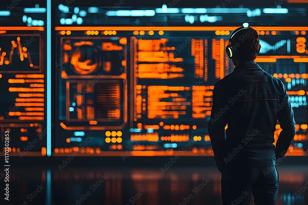 Poster cybersecurity analyst closely monitoring holographic threat data and analytics on the advanced digit