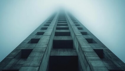Fototapeta premium Brutalist Skyscraper in Misty Urban Landscape