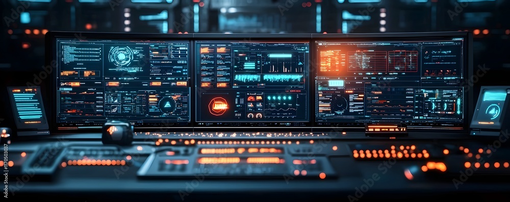 Poster futuristic cyber defense control room with glowing threat detection screens dynamic team response an