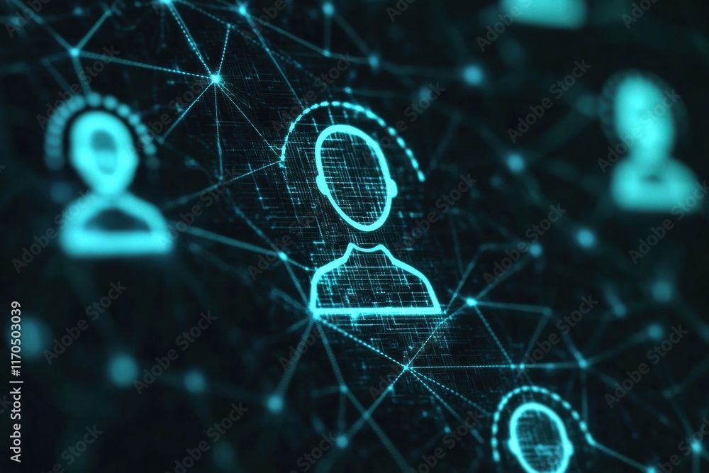 Poster abstract digital network connecting users with glowing profiles and data points, illustrating commun