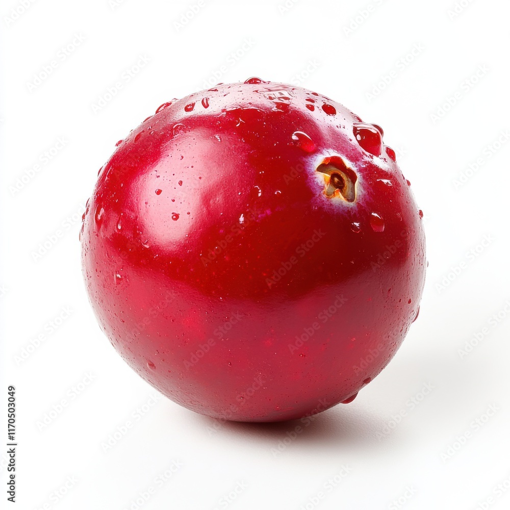 Poster fresh cranberry with a shiny red surface reflecting light and water droplets at a neutral background
