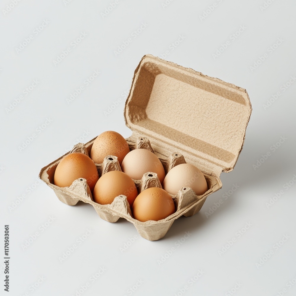 Poster biodegradable egg carton with eight eggs displayed on a neutral background