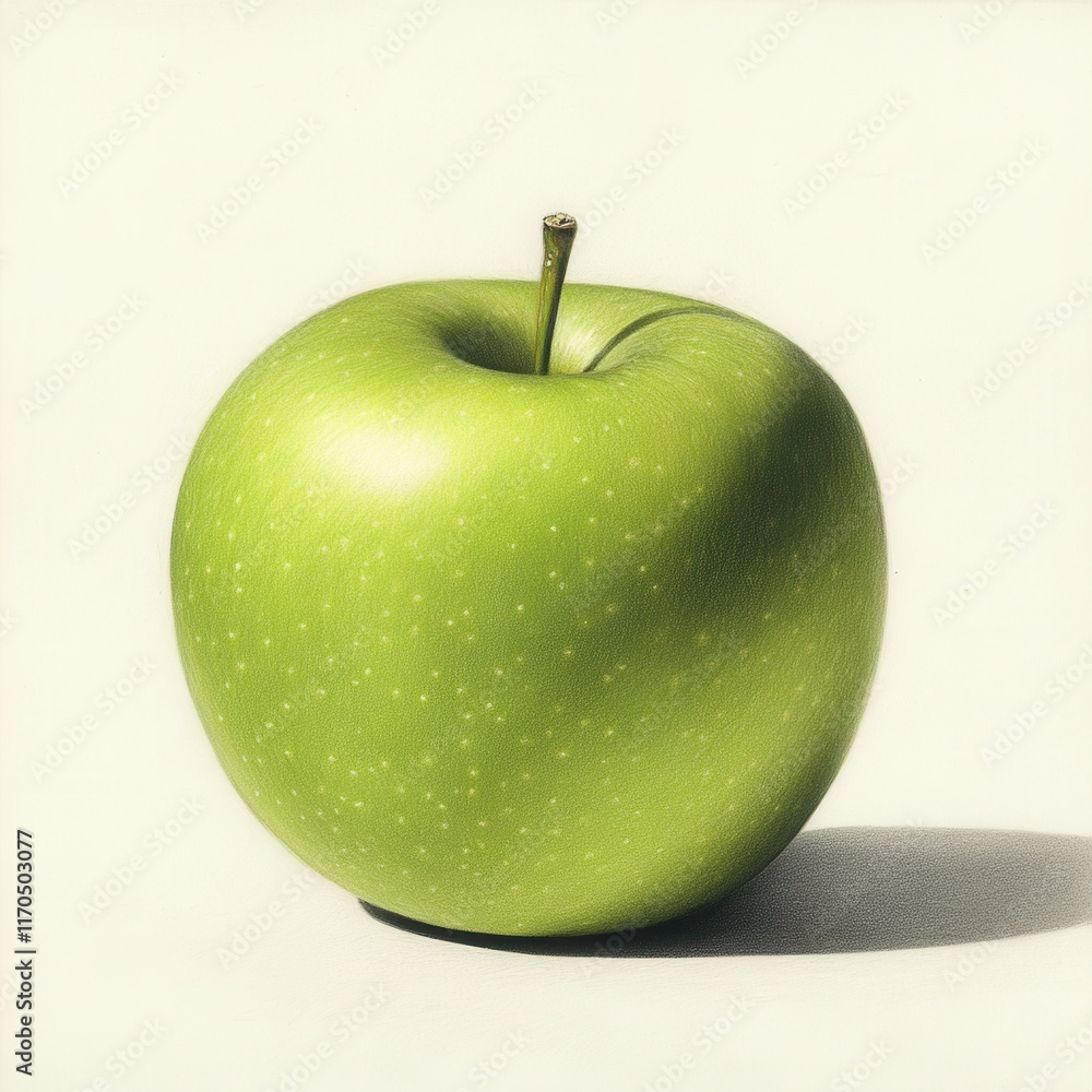Poster green apple with a slight shine placed on a neutral background highlighting its texture and color ri