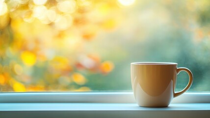 Obraz premium Morning coffee on a windowsill overlooking a blurred country landscape warm and inviting atmosphere