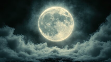 Dramatic full moon illuminating misty clouds over calm waters nighttime landscape photography tranquil atmosphere
