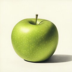 Green apple with a slight shine placed on a neutral background highlighting its texture and color richness during daylight