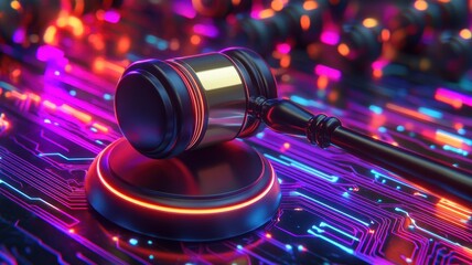 Cyberstyle gavel on circuit board judicial technology digital environment futuristic perspective