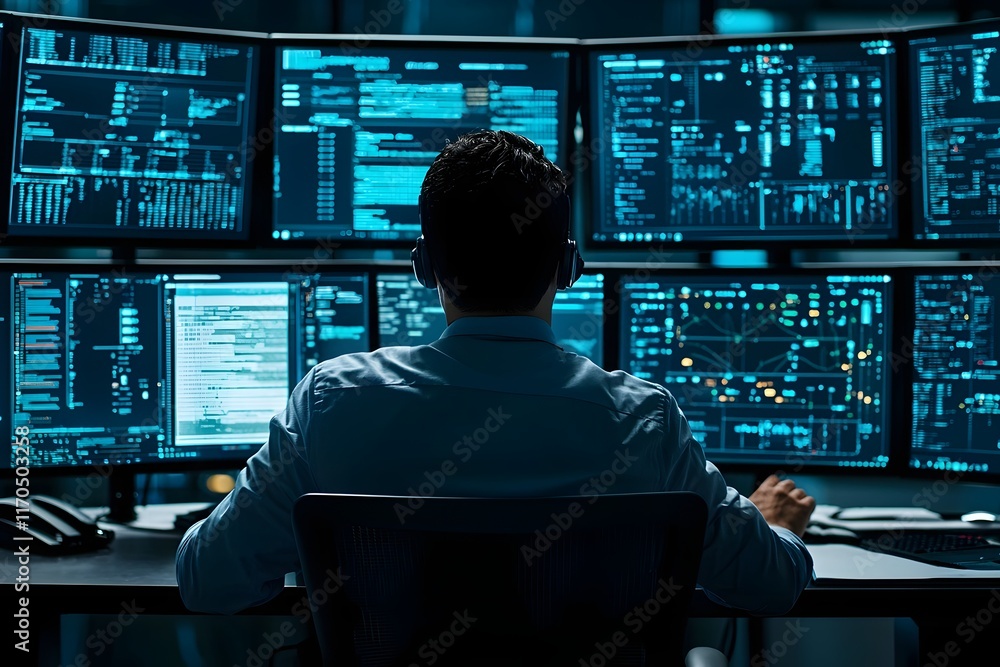Poster cybersecurity expert isolating a cyber attack in real time glowing data interface and advanced techn