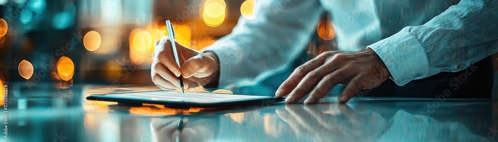 Poster tax submission and e-filing action in a modern office scene with professional using stylus
