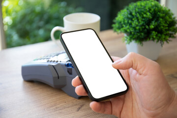 male hand holding phone screen isolated pay pass online terminal