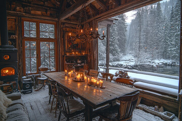 Rustic cabin dining room with lit candles, wood stove, snowy forest view.