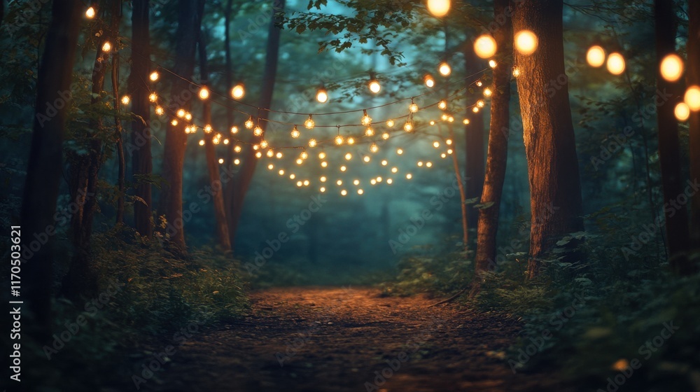 Poster Serene forest trail illuminated by string lights creating a tranquil evening atmosphere