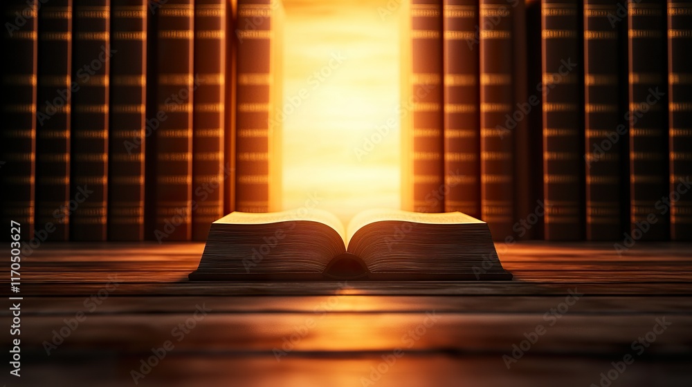 Poster a glowing open book in front of a beautiful sunset, surrounded by tall bookshelves, creating an invi