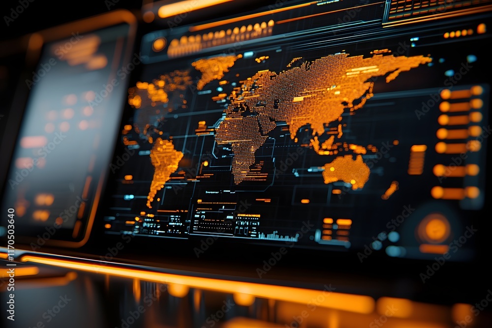 Poster holographic cyber attack map displayed in an advanced command and control room