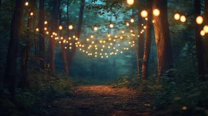 Serene forest trail illuminated by string lights creating a tranquil evening atmosphere