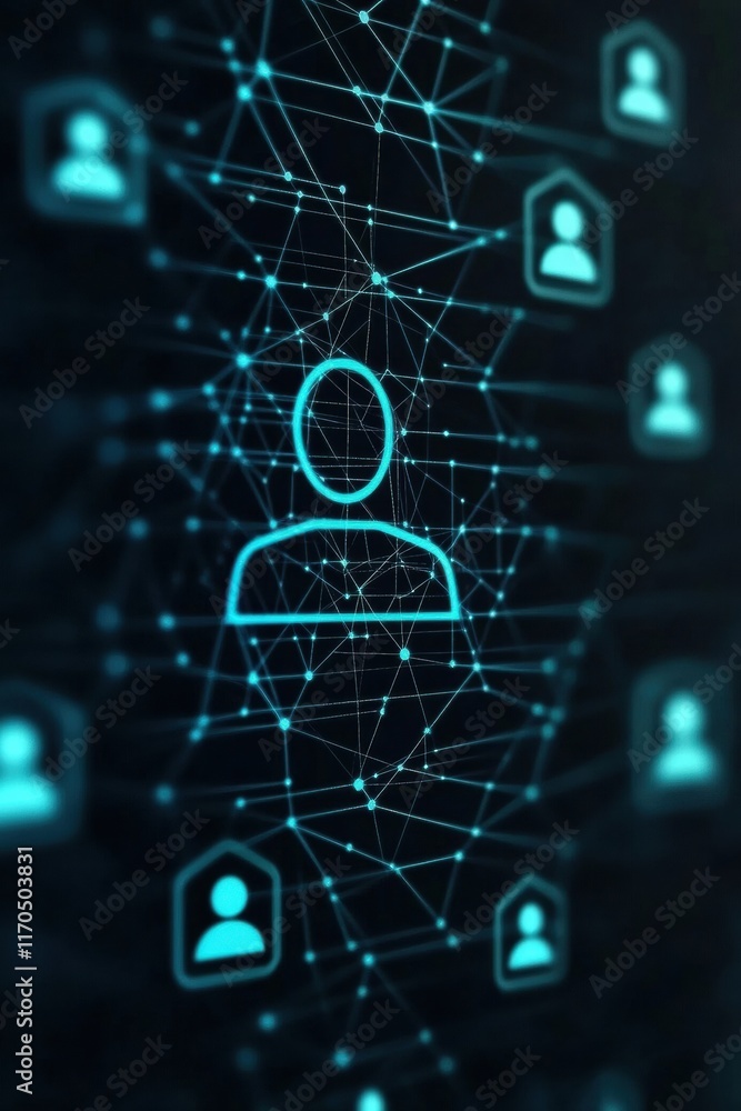Poster abstract digital network connecting profiles in a technological landscape, symbolizing online intera