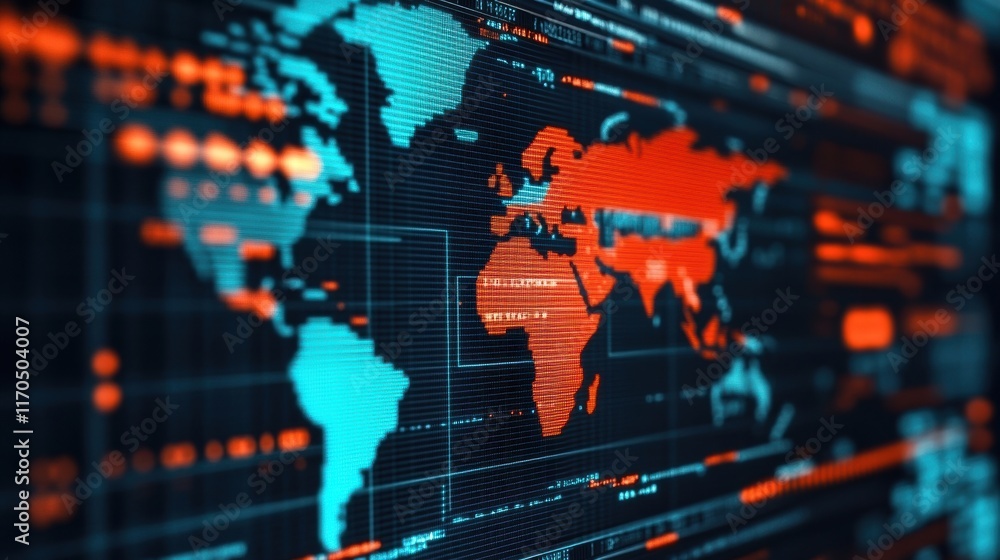 Poster stylized world map showcasing digital data visualization with bright colors and modern technology el