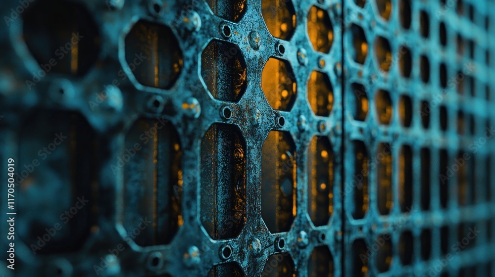 Poster teal metal grid pattern with rust and bolts