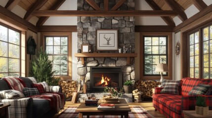 Fototapeta premium Rustic cabin living room with stone fireplace and cozy decor perfect for relaxation