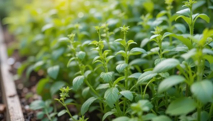 Obraz premium Close-up of vibrant young plants in a garden bed.