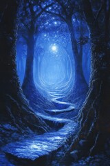 Mystical pathway illuminated by glowing centers in a dense, enchanting forest at night under a starry sky