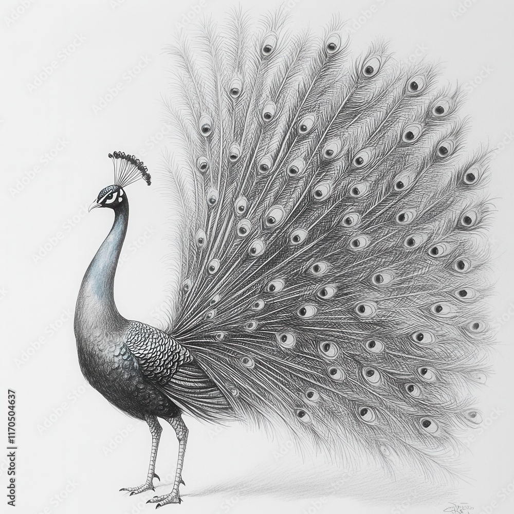 Poster majestic peacock displaying vibrant tail feathers in full fan at a serene garden setting
