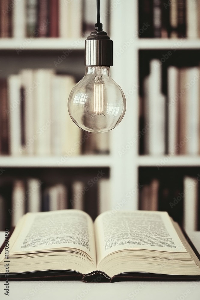 Poster an open book illuminated by a hanging light bulb, creating a warm and inviting reading atmosphere.