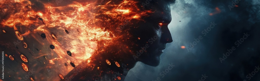 Aufkleber Mystical profile of a man with fiery elements in a surreal landscape highlighting internal struggle and transformation