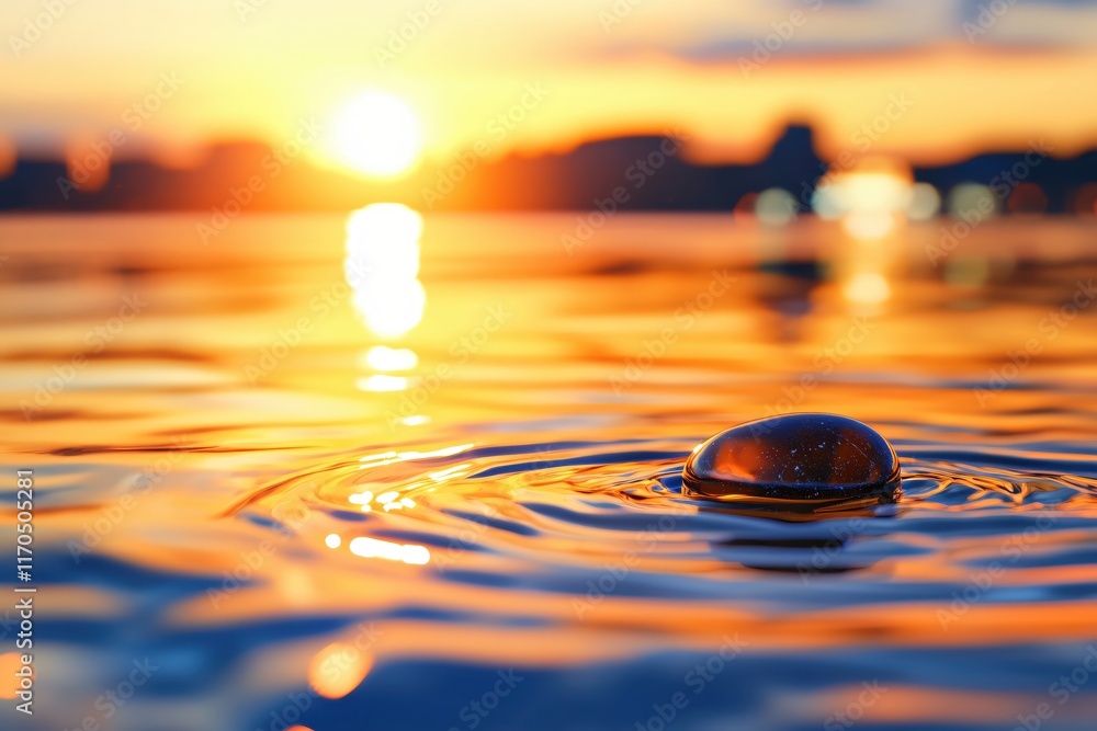 Poster beautiful sunset reflected in water with ripple and floating object in the foreground