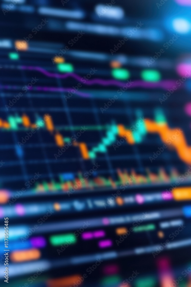 Poster abstract stock market data visualization with colorful graphs and fluctuating charts for financial a