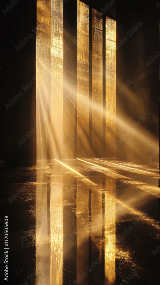 Poster mysterious dark room illuminated by warm golden light creating enchanting reflections on the floor