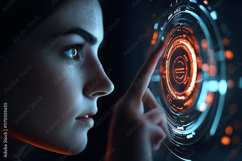 Poster cyber analyst utilizing holographic threat detection interface with futuristic cybersecurity tools f