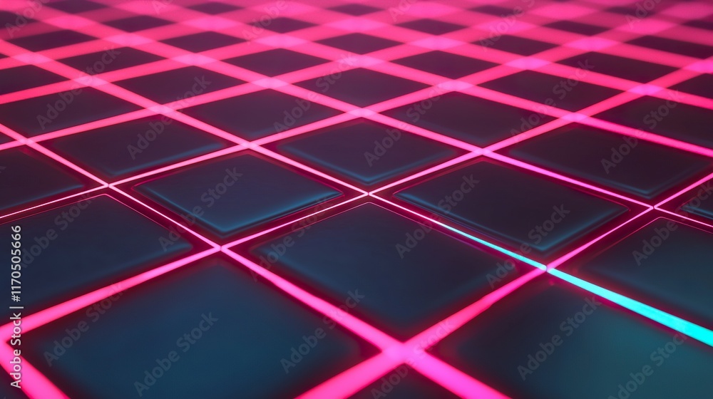 Poster a vibrant, futuristic grid pattern with glowing pink and blue lines on a dark background, creating a