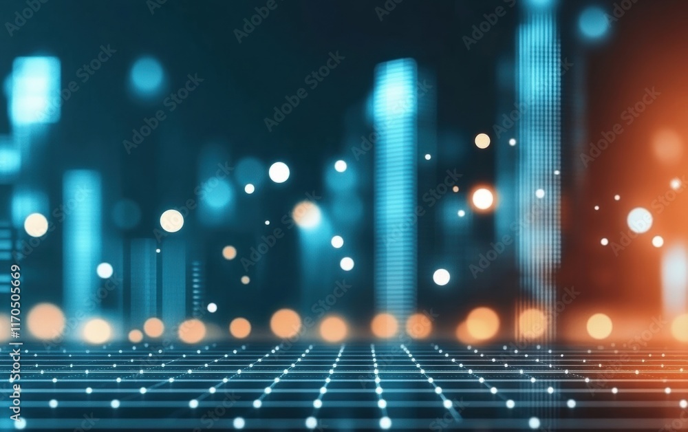 Poster abstract digital cityscape with luminous dots and lines representing connectivity and technology adv