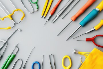 Assorted Surgical Instruments and Tools Arranged on a Gray Background for Medical Use