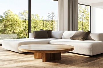 Modern living room interior with spacious white couch and wooden coffee table surrounded by nature