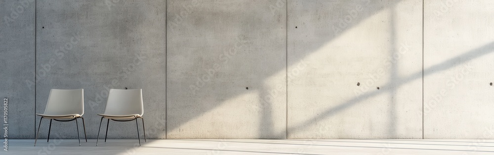 Aufkleber Minimalist concrete wall with neutral tones enhancing the simplicity of two chairs in a serene space during daylight