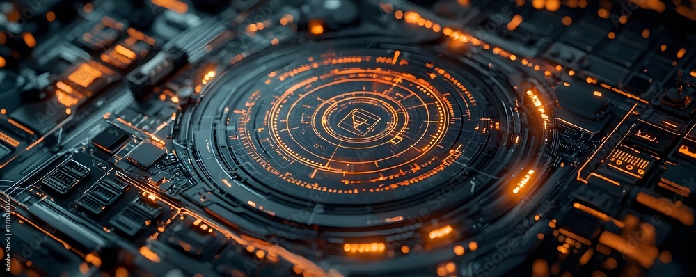Poster futuristic cyber attack mitigation system in advanced research laboratory with glowing response tool