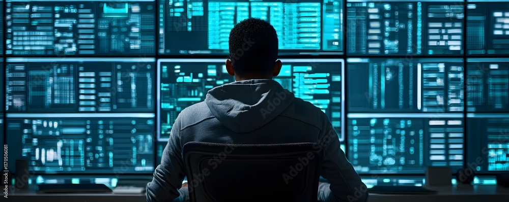 Poster cybersecurity professional expertly isolating digital threats within a glowing network interface uti